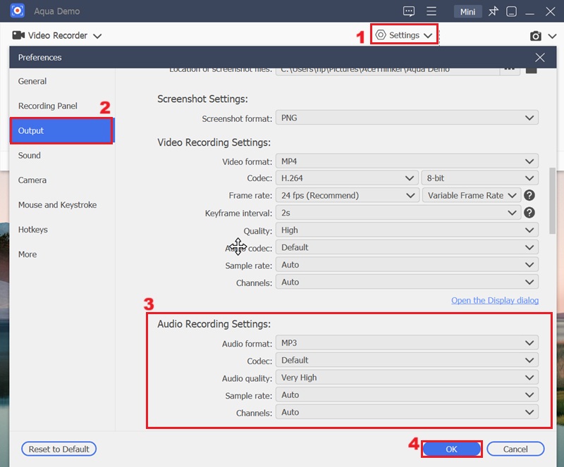 audio recording settings