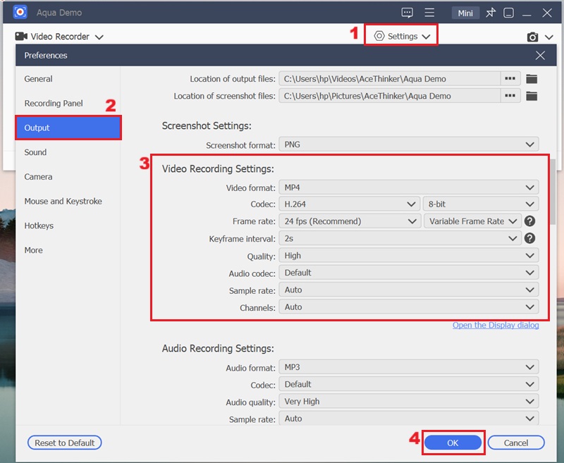 modify output settings