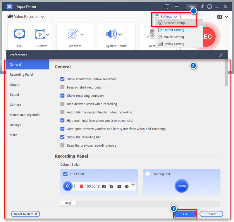 configure the recording settings
