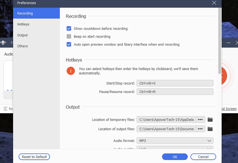 record pandora mr settings