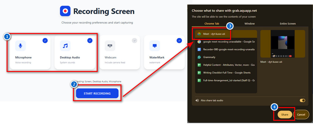 select google meet window to share