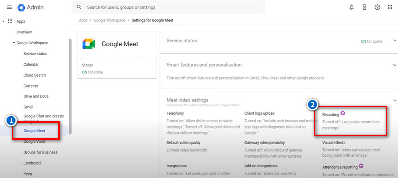 check the recording feature on google workspace admins