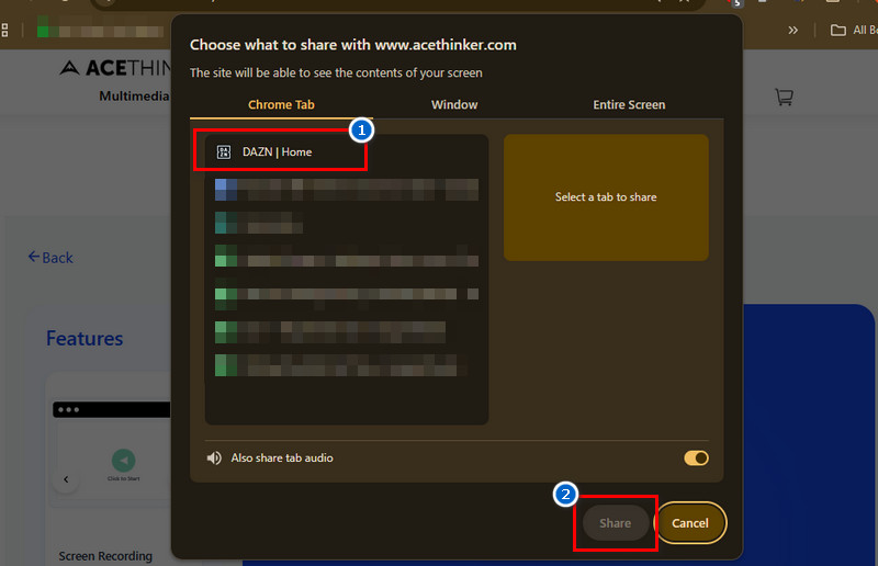 share dazn browser window