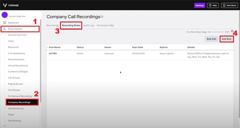 vonage call recording rules