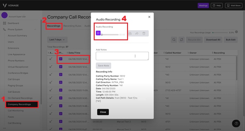 check vonage call recordings