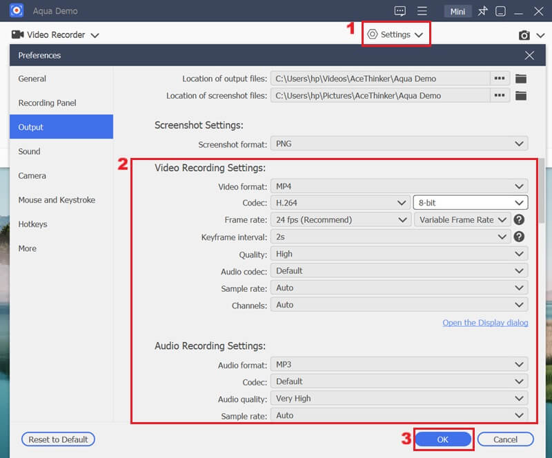 modify the recording settings