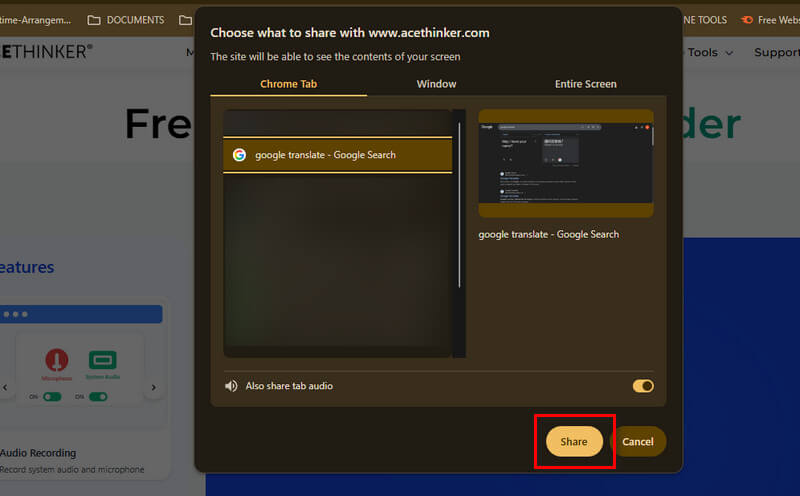 select google translate tab to share